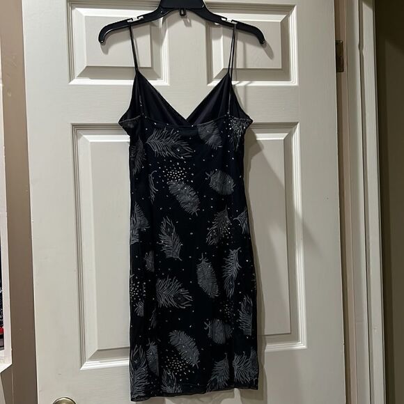 Syrup Women’s L Black w Silver Feather Sequence Spaghetti Strap Slip Dress - Picture 6 of 8